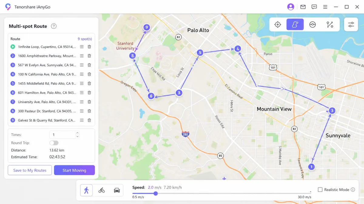 Tenorshare iAnyGo's multi-spot route screen with a chain of numbered waypoints drawn across a city grid and the speed slider set to walking pace at the bottom of the window.