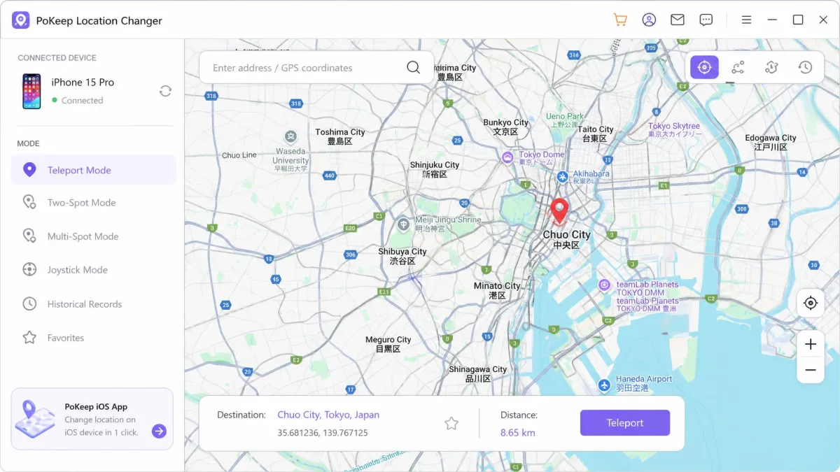 PoKeep Location Changer's main desktop window showing teleport mode, a world map with a red destination pin over central Tokyo, and the connected iPhone listed in the sidebar.