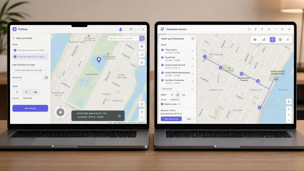 Two laptop screens side by side, the left running PoKeep's map view with a pinned destination and the right running Tenorshare iAnyGo's multi-spot route mode with numbered waypoints along a city street.