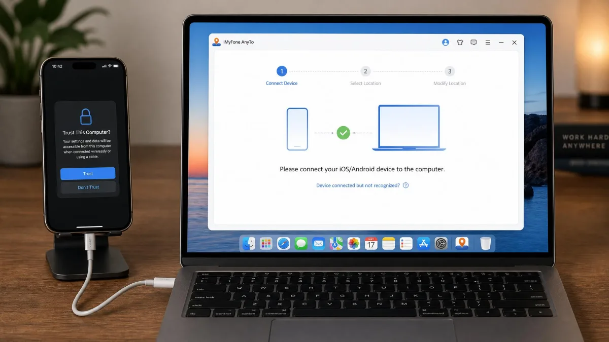 An iPhone connected by cable to a laptop, showing the Trust This Computer prompt on screen while the iMyFone AnyTo connection wizard waits on the laptop display.