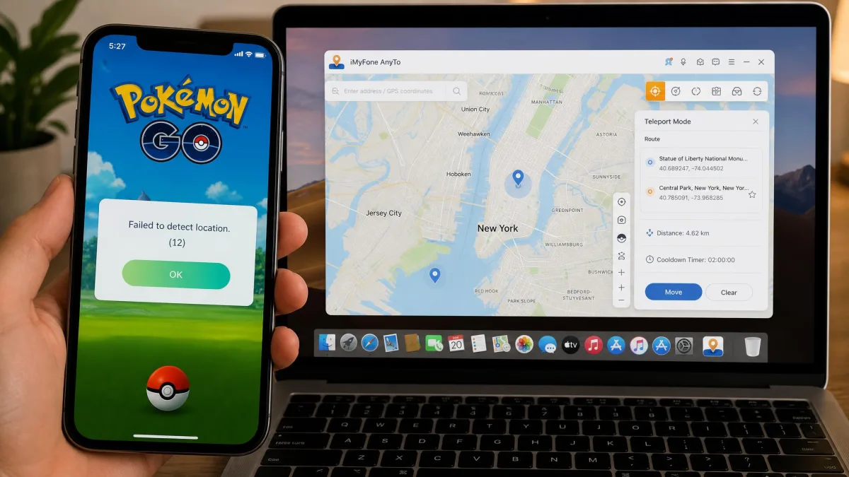 A Pokemon GO screen on an iPhone showing the Failed to detect location error 12 message, with the iMyFone AnyTo desktop window still open on a laptop behind the phone.