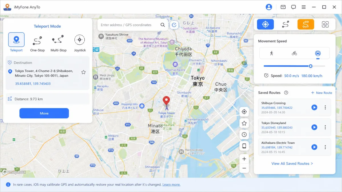 iMyFone AnyTo's desktop interface with teleport mode selected, a destination pin dropped on a map of Tokyo, and the movement speed slider and saved routes panel visible on the right.