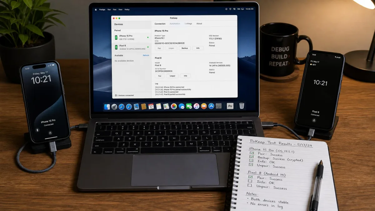 A desk setup with an iPhone and an Android phone both cabled to a laptop, the PoKeep window open on screen and a notebook of test results beside the keyboard.
