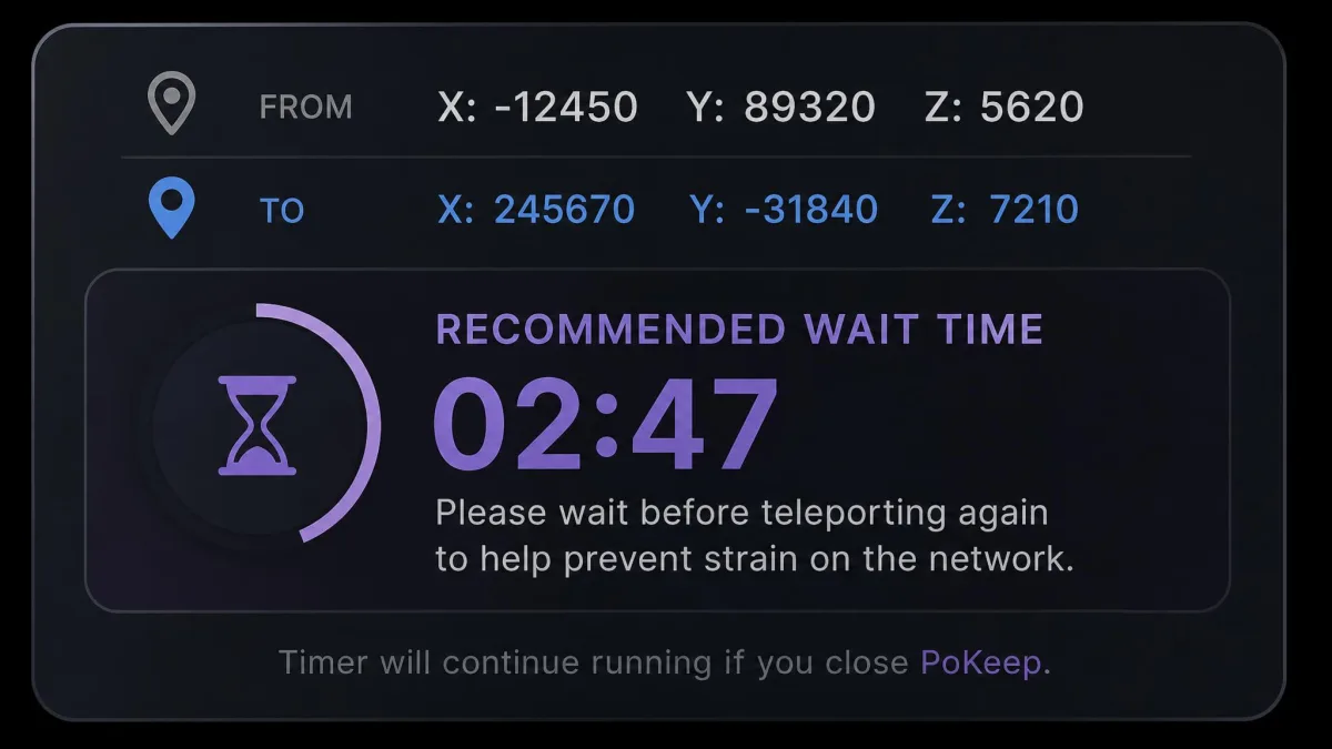 Close-up of PoKeep's cooldown timer panel showing a recommended wait time counting down after a long-distance teleport, with the previous and current coordinates listed above it.