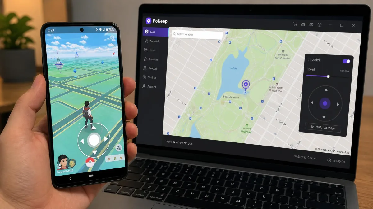 A hand holding an Android phone next to a laptop running PoKeep, with the on-screen 360-degree joystick overlay visible on the phone and the matching moving pin on the laptop map.