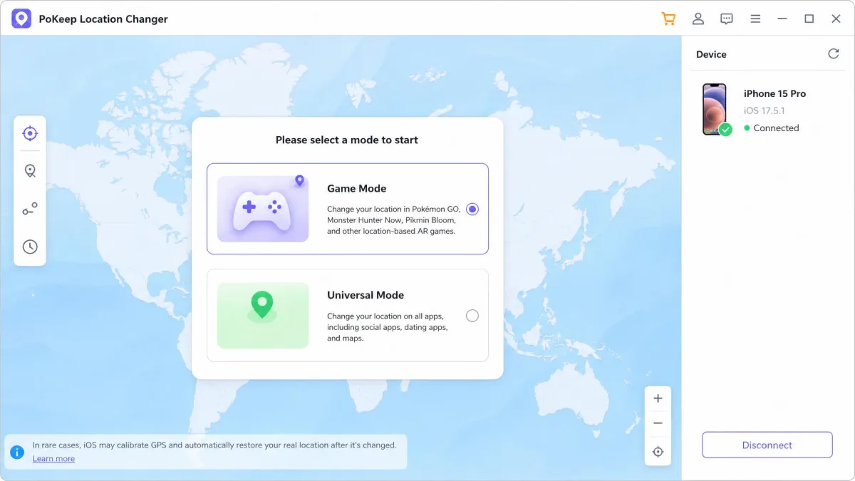 The PoKeep Location Changer desktop window showing the mode selection panel with Game Mode and Universal Mode options, a connected iPhone listed on the right, and the world map behind it.