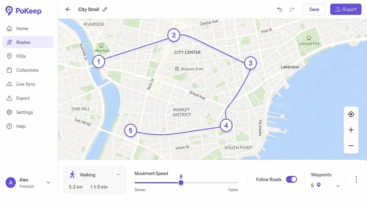 A multi-spot route drawn across a city map inside PoKeep, with five numbered waypoints connected by a line and the movement speed slider set near walking pace below.