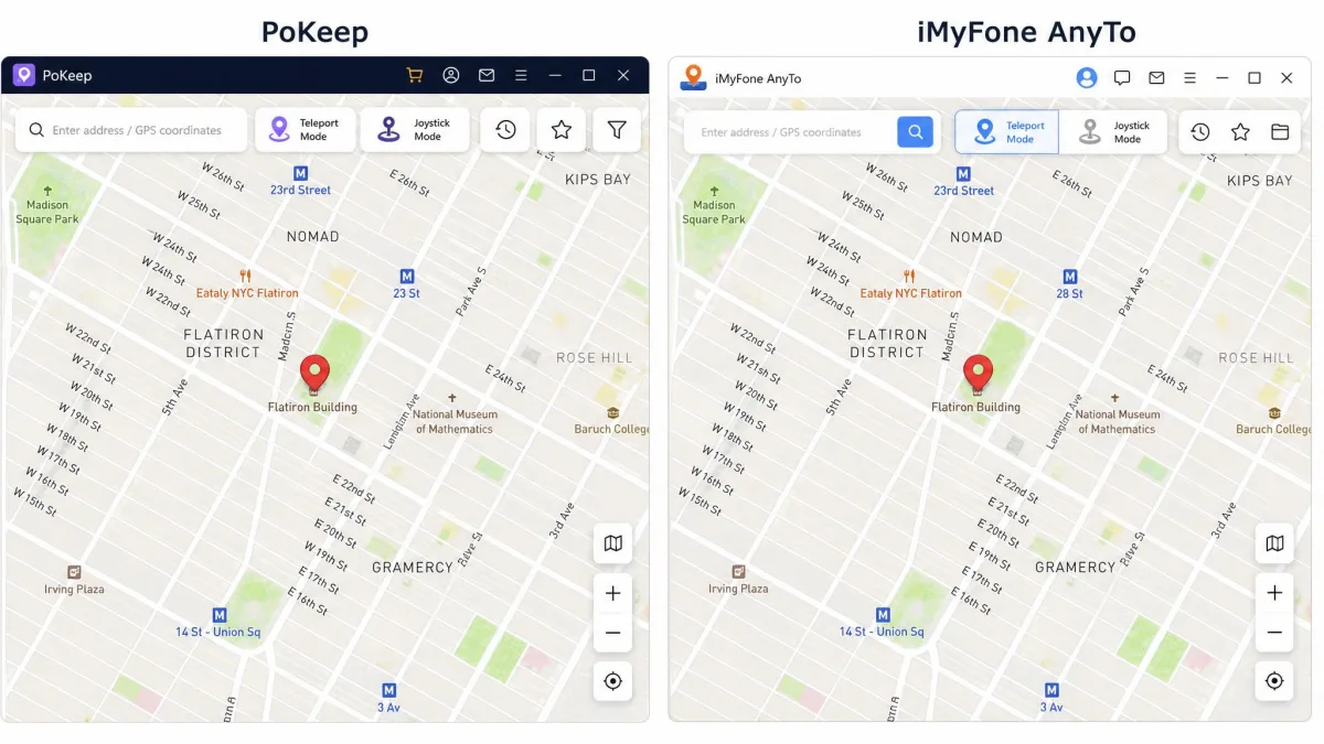 Side-by-side screenshots of the PoKeep and iMyFone AnyTo desktop map screens, each with a pin dropped on a city street and the teleport and joystick mode icons visible along the top toolbar.