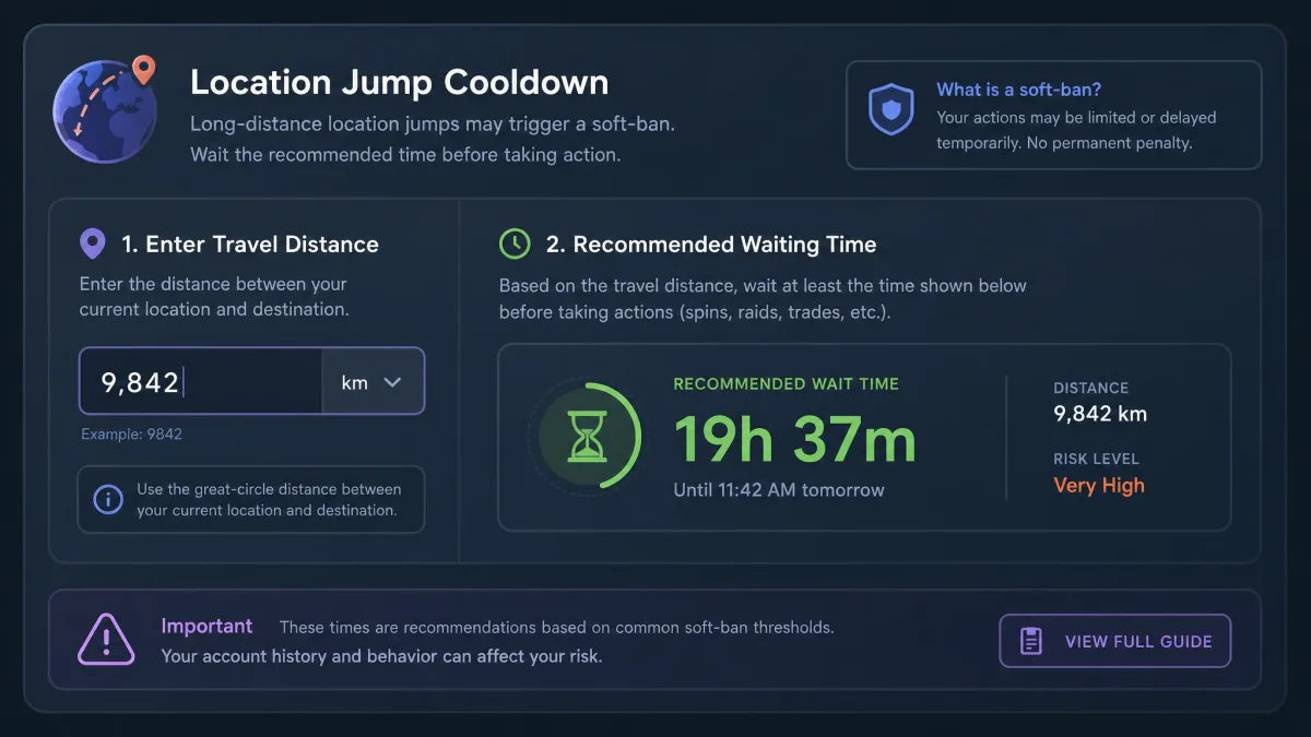 A cooldown timer panel showing the recommended waiting time for a long-distance location jump, with a soft-ban calculator field for the travel distance.