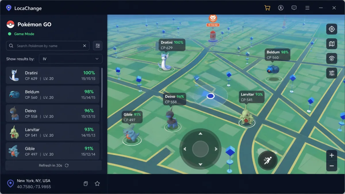LocaChange's Pokémon GO Game Mode screen with a map, a Pokémon search bar showing results by name and IV, and a joystick control at the bottom of the window.