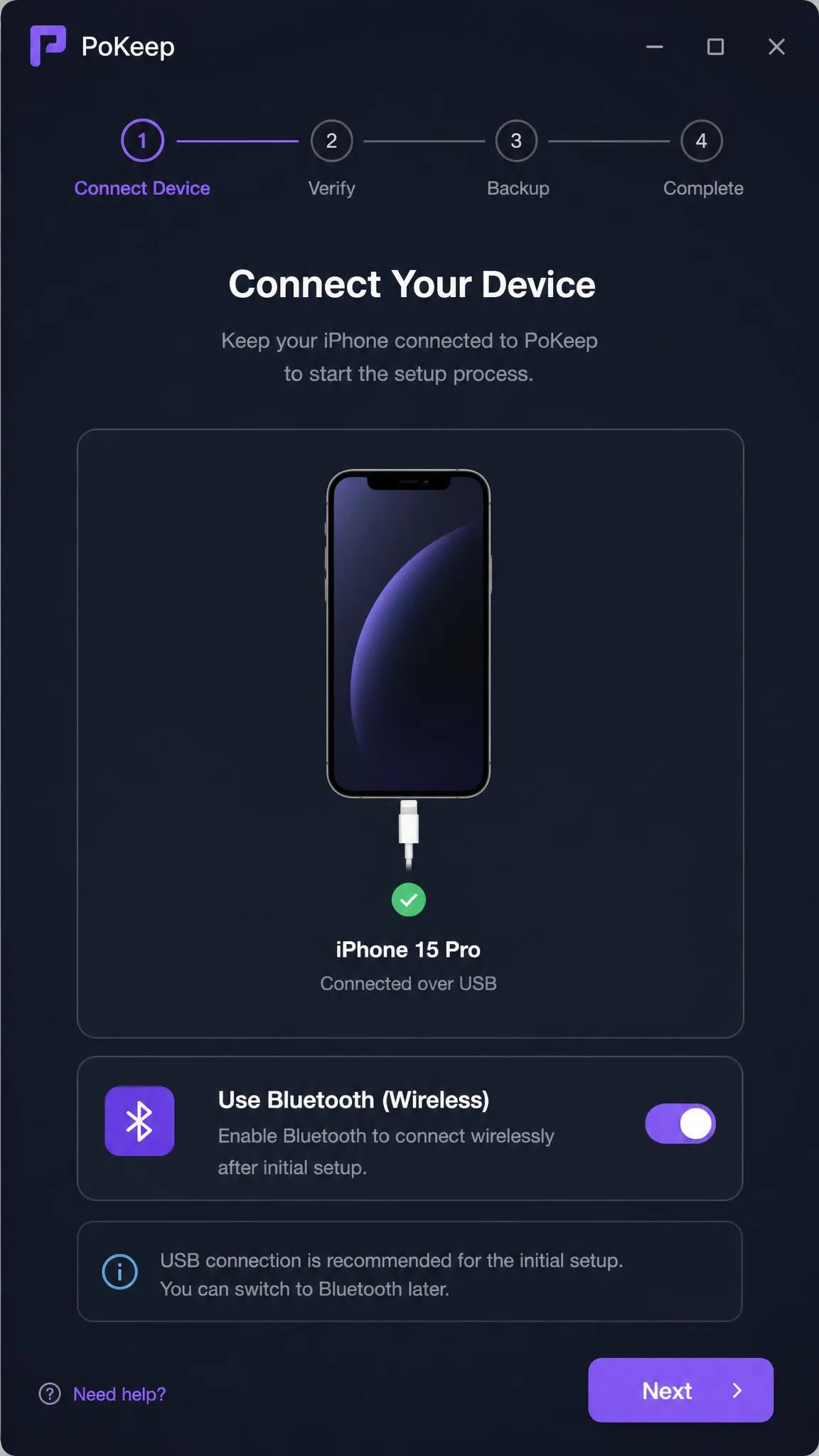 PoKeep's device connection screen showing a connected iPhone over USB with a Bluetooth wireless toggle during initial setup.