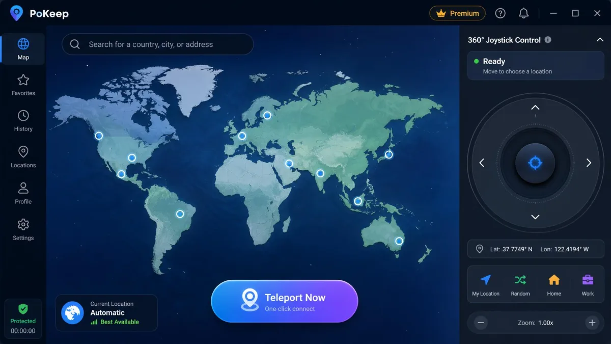 PoKeep's main interface showing a world map with a search box, a one-click teleport button, and the 360-degree joystick control panel docked on the right.