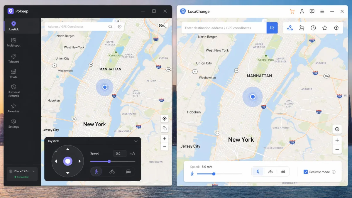 Side-by-side view of the PoKeep and LocaChange desktop apps on the same city map, PoKeep with a joystick panel and LocaChange with a destination search box.