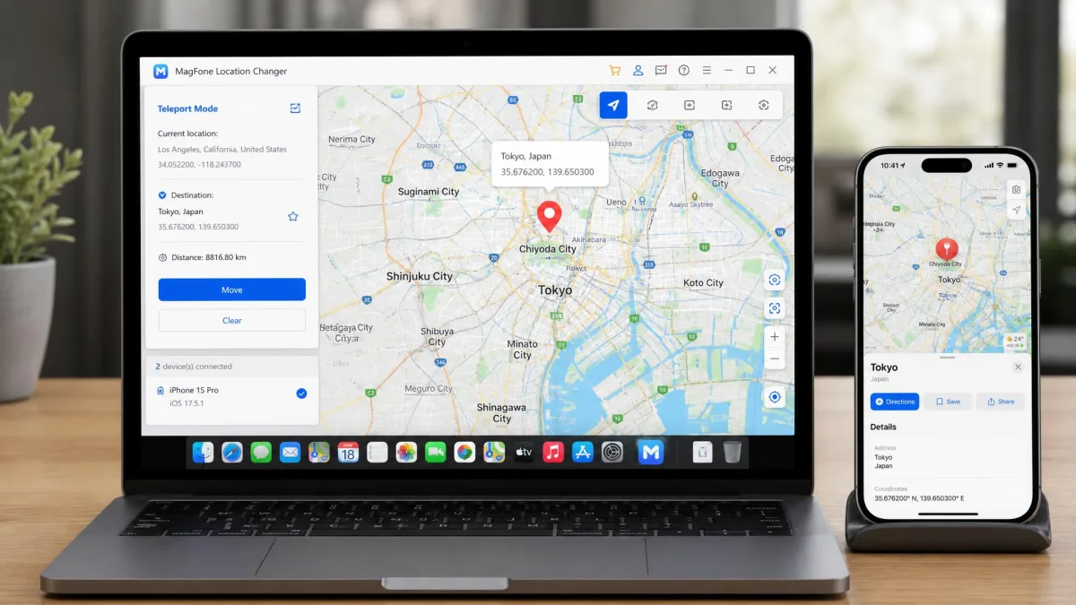 MagFone Location Changer's teleport view with a map pin dropped in Tokyo, a connected iPhone beside the laptop showing the same spoofed position in its Maps app.