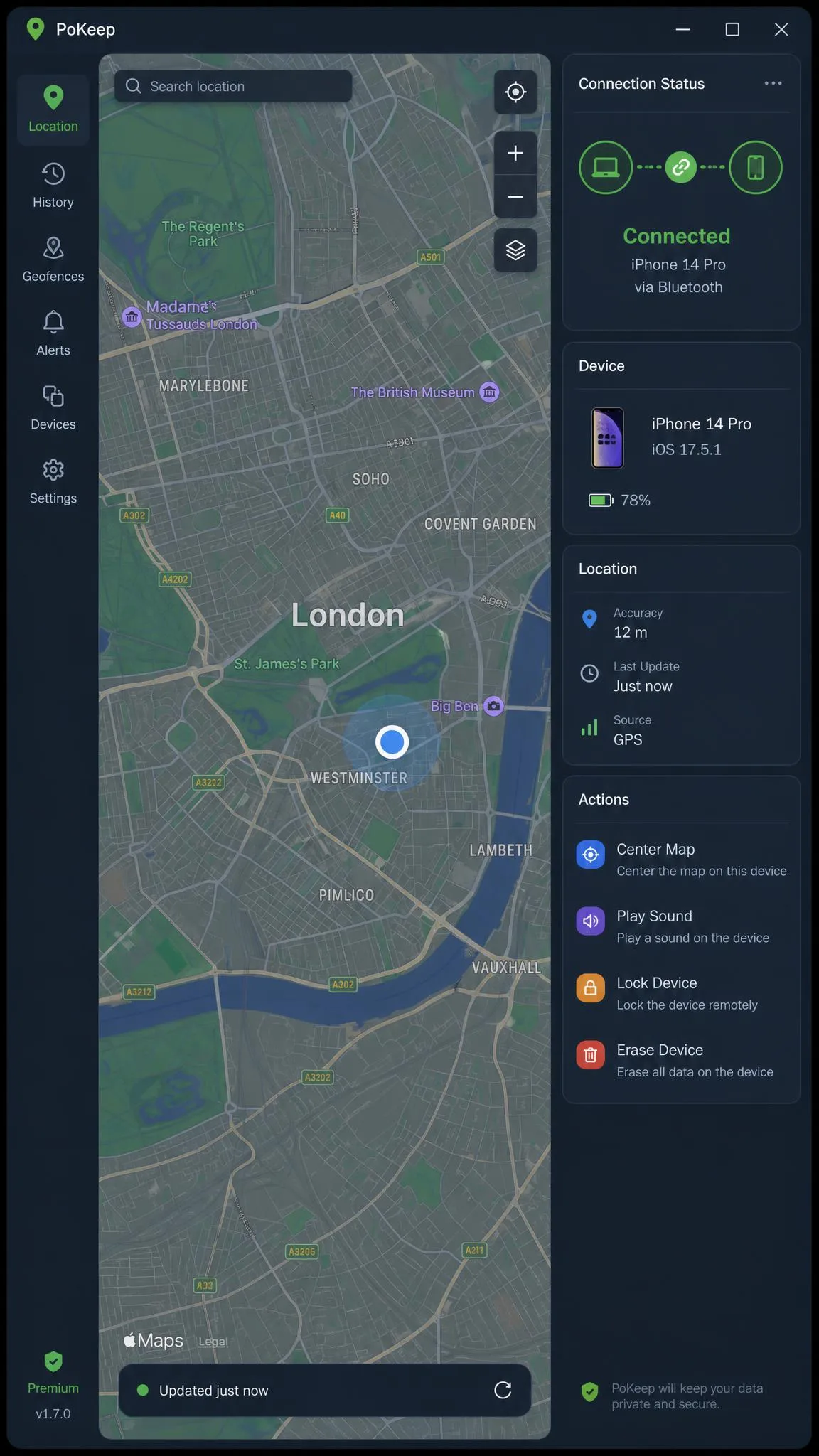 PoKeep's desktop app with an iPhone connected over Bluetooth, the map centred on the phone's real position, and the connection status panel showing a green link.