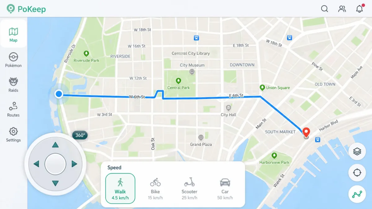 PoKeep's map view with a plotted route across a city, the 360-degree joystick overlay in the corner, and the speed preset selector set to walking pace.