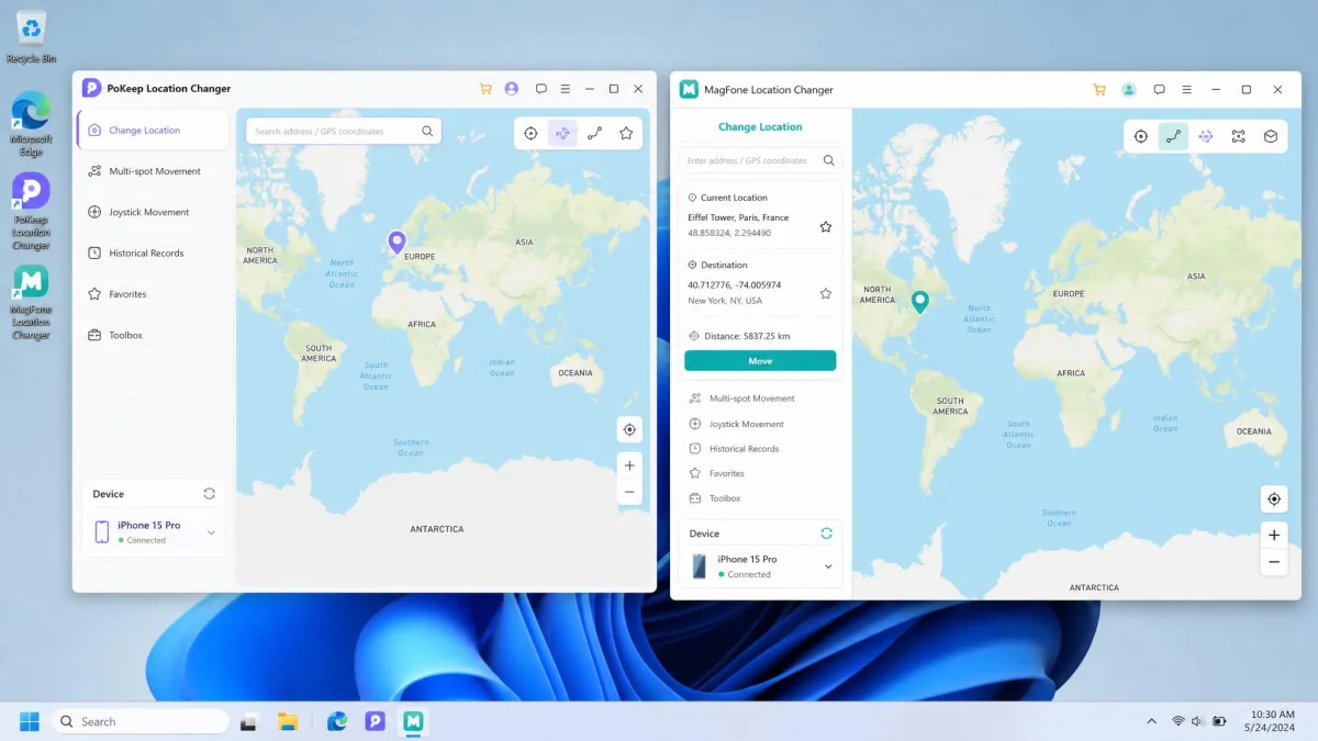 PoKeep and MagFone Location Changer open side by side on a Windows desktop, each showing a world map with a dropped pin and a connected phone listed in the device panel.