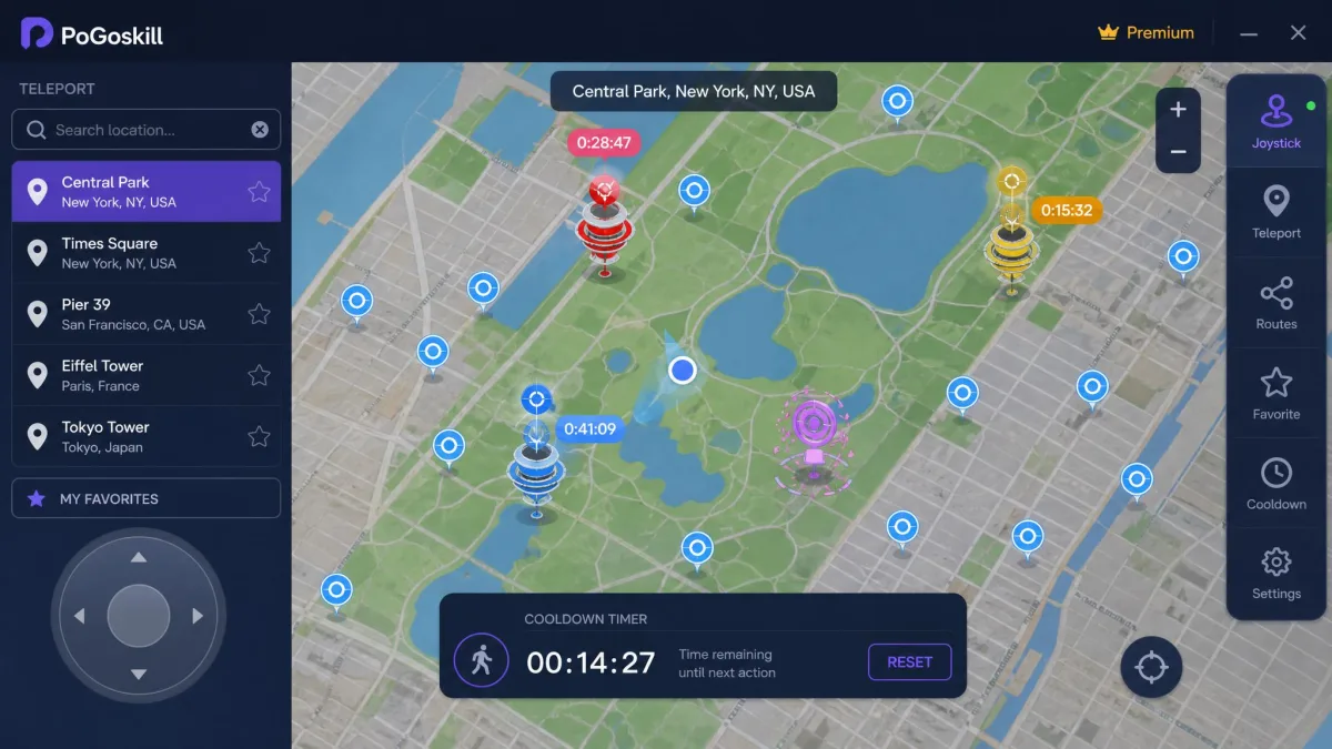 PoGoskill's map interface with joystick, teleport search, and cooldown timer.