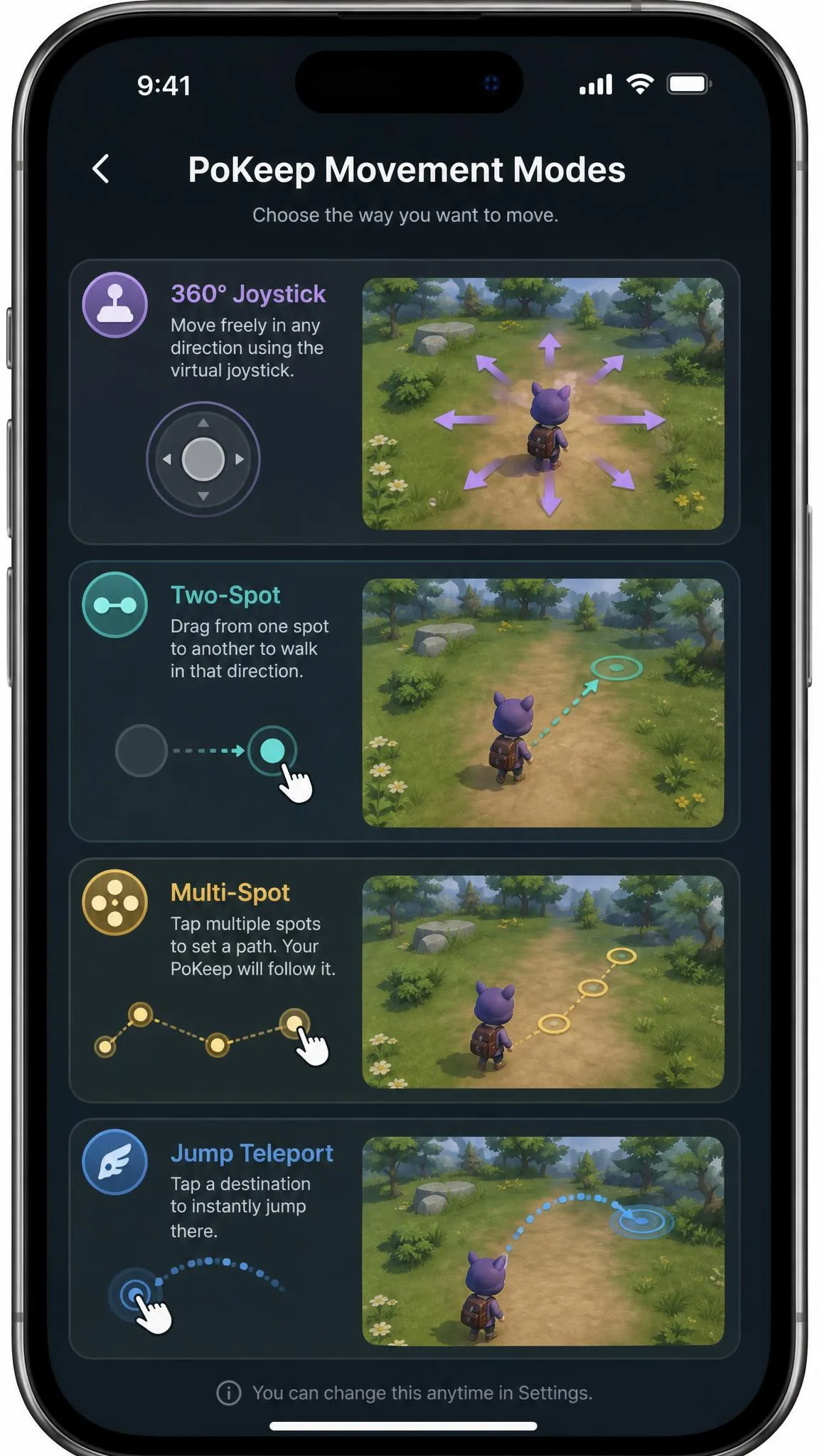 PoKeep's four movement modes on an iPhone: 360-degree joystick, two-spot, multi-spot, and jump teleport.