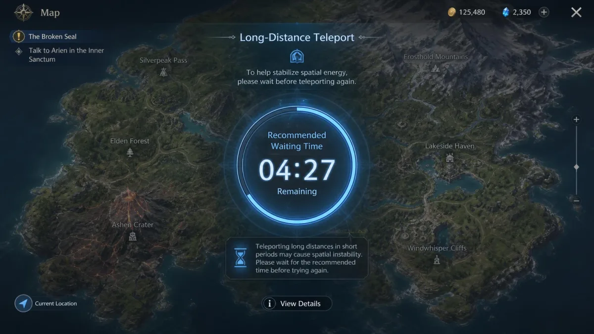 PoKeep cooldown timer showing a recommended waiting time after a long-distance teleport, with a countdown over the map.