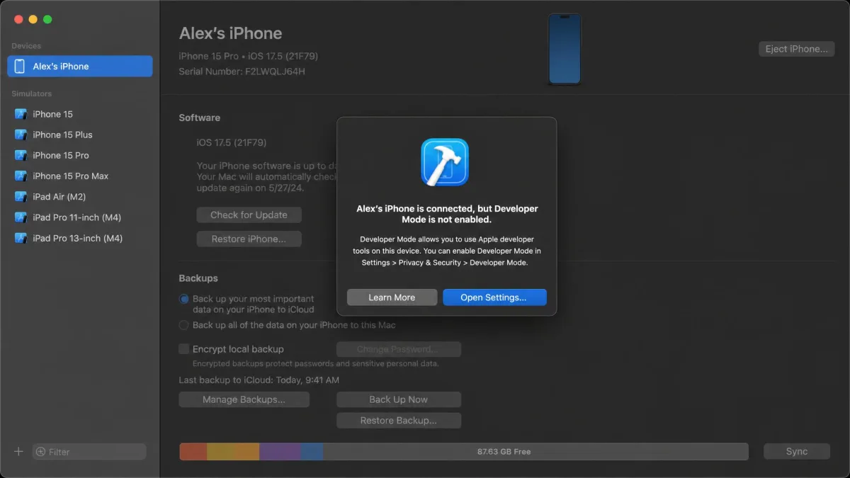PoKeep desktop app prompting a connected iPhone to enable Developer Mode, with the device name in the connection panel.
