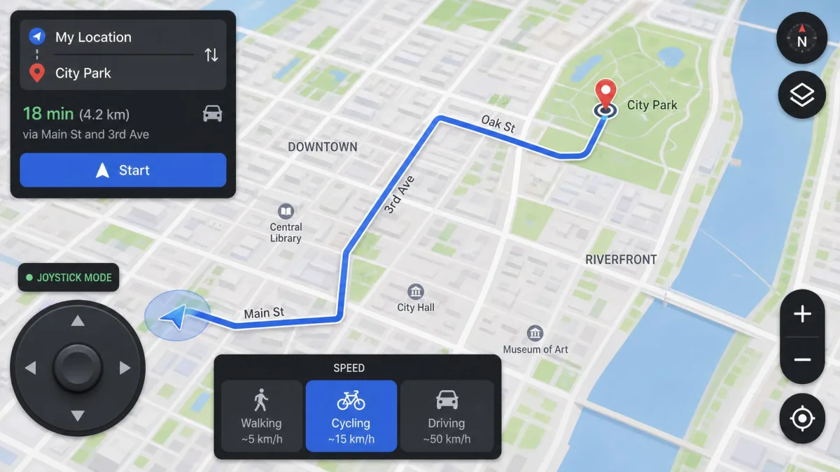 PoKeep joystick mode with a route across a city map and a speed control offering walking, cycling, and driving presets.