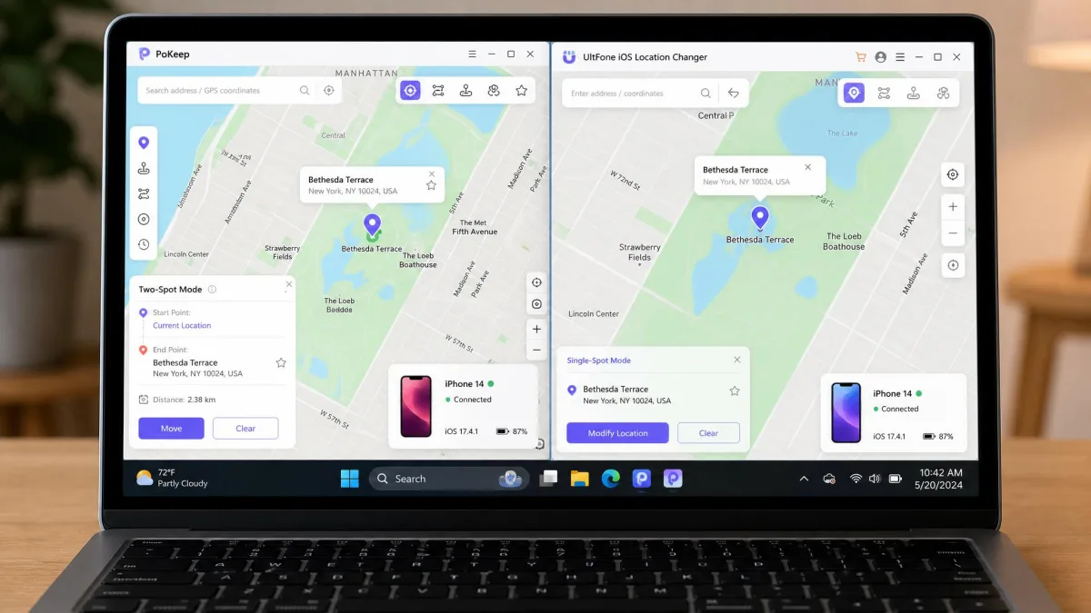 Side-by-side view of the PoKeep and UltFone desktop map windows on a laptop, each with a pinned destination and a connected iPhone in the corner.