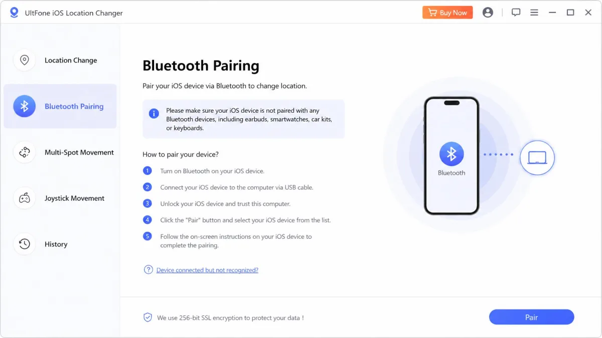 UltFone iOS Location Changer window showing the Bluetooth pairing option for an iPhone, the way to clear Pokémon GO Error 12.