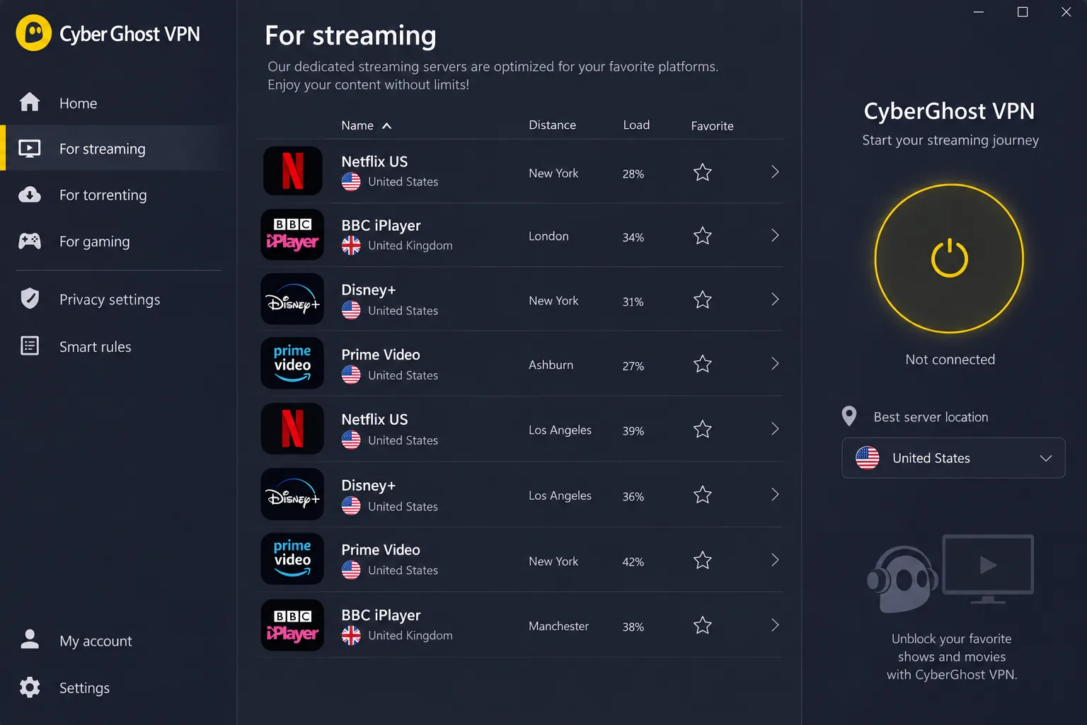 CyberGhost's Windows app showing the "For streaming" server tab, with servers labeled for Netflix US, BBC iPlayer, Disney+ and Prime Video.