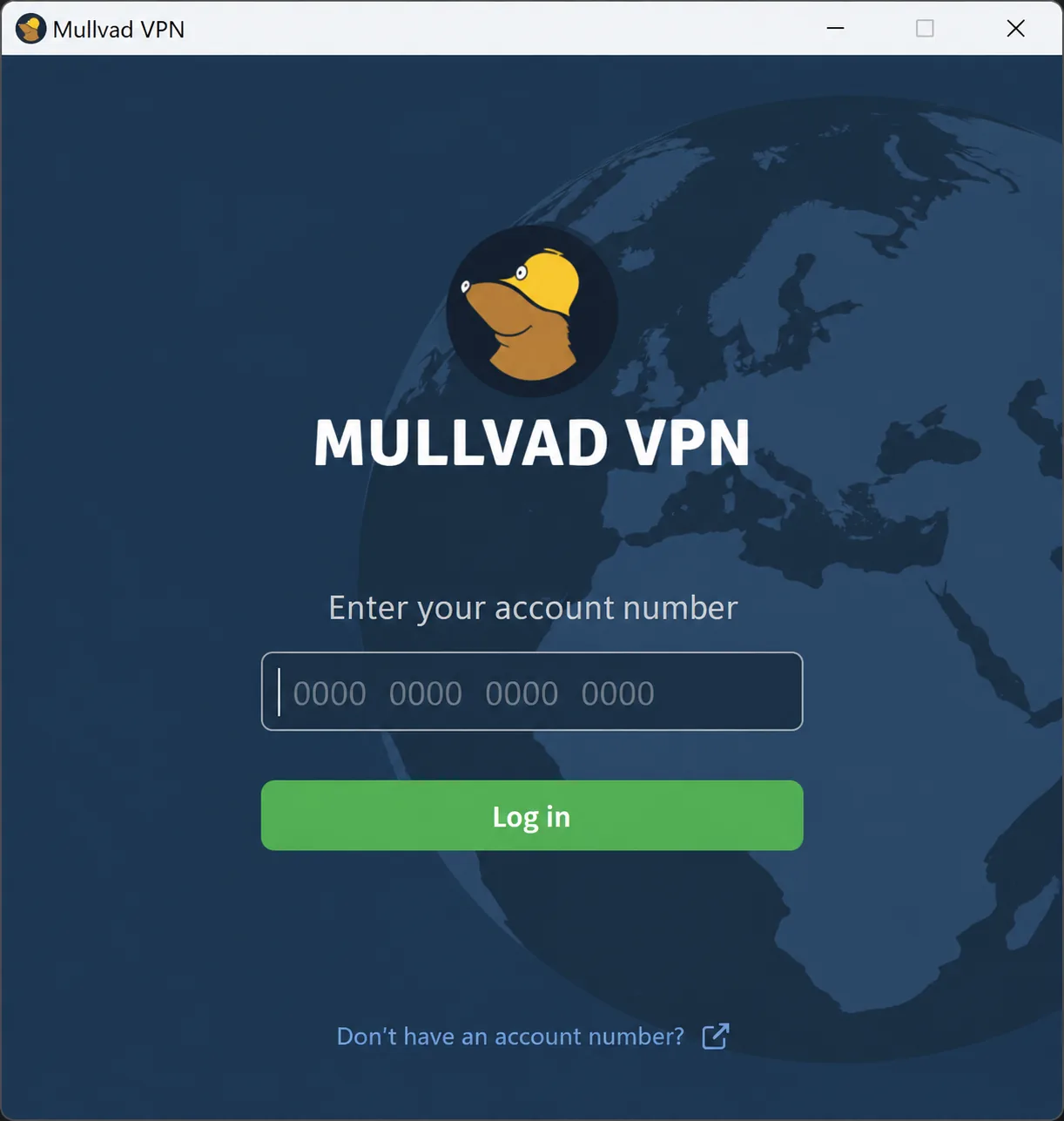 Mullvad VPN's login screen on Windows, showing the single field for the 16-digit account number and no email or password fields.