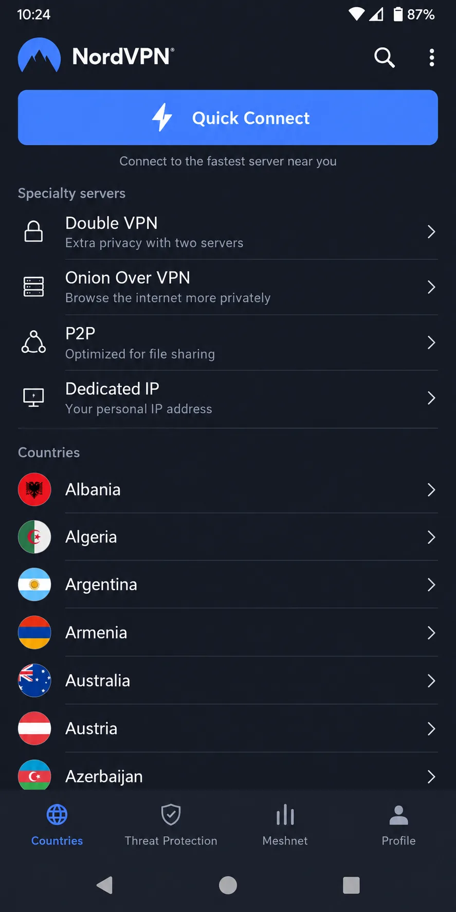 NordVPN's Android app in list view, showing countries sorted alphabetically with the Quick Connect button at the top and specialty servers such as Double VPN and P2P listed below.