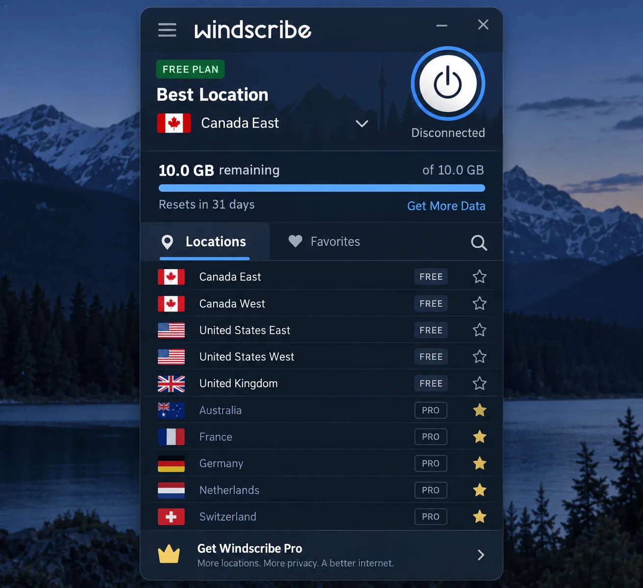 Windscribe's compact desktop app on the free plan, showing the remaining monthly data allowance and the list of free server locations with Pro-only locations marked by a star.