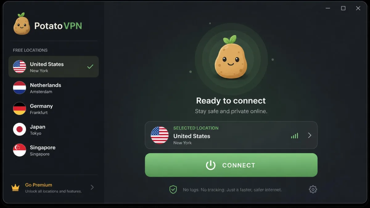 PotatoVPN desktop app home screen showing the connect button, a selected server location, and the free-tier location list along the left side.