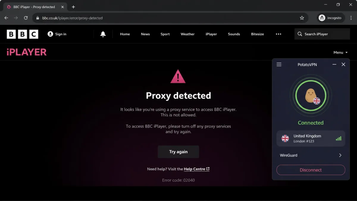 BBC iPlayer proxy-detection error message displayed in a browser while PotatoVPN is connected to a UK server.