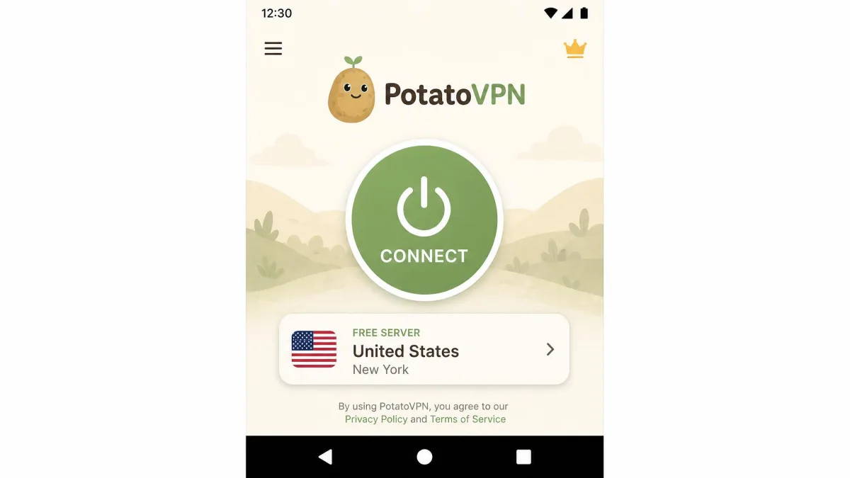 PotatoVPN Android app connect screen with a large one-tap connect button and the selected free server location displayed below it.