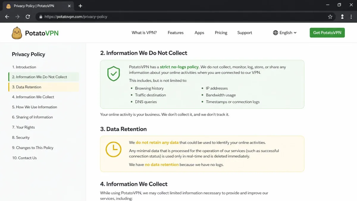 PotatoVPN privacy policy page open in a browser with the no-logs and data-retention clauses highlighted for comparison.