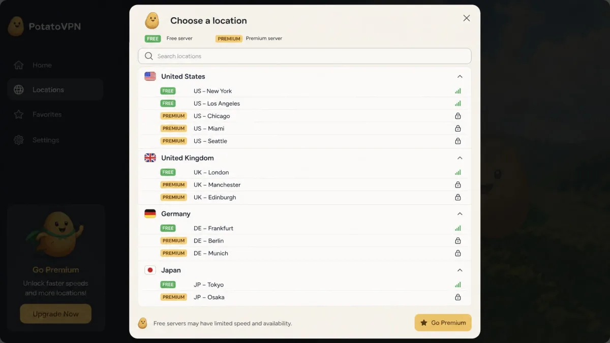 PotatoVPN location picker showing free and premium server locations grouped by country with lock icons on the premium entries.