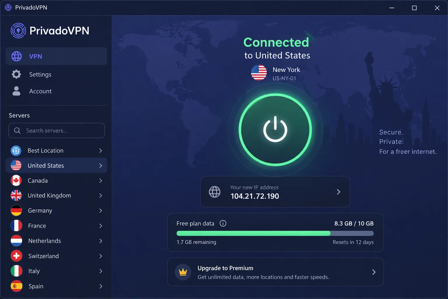 The PrivadoVPN Windows app connected to a US server, showing the large connect button, the free-plan data meter and the server list on the left.