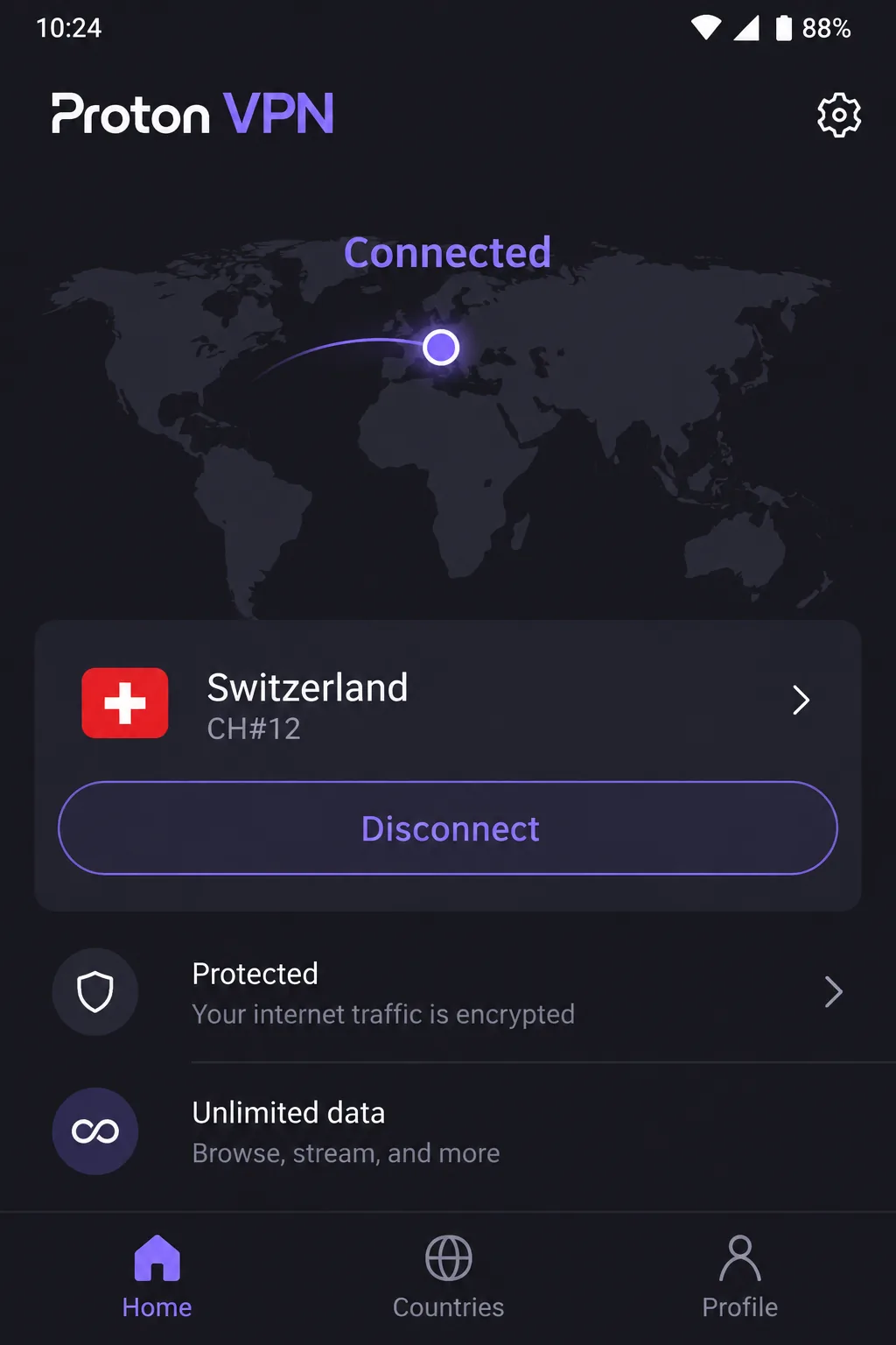 The Proton VPN app on the free plan after Quick Connect, showing an automatically assigned server and the unlimited-data label.