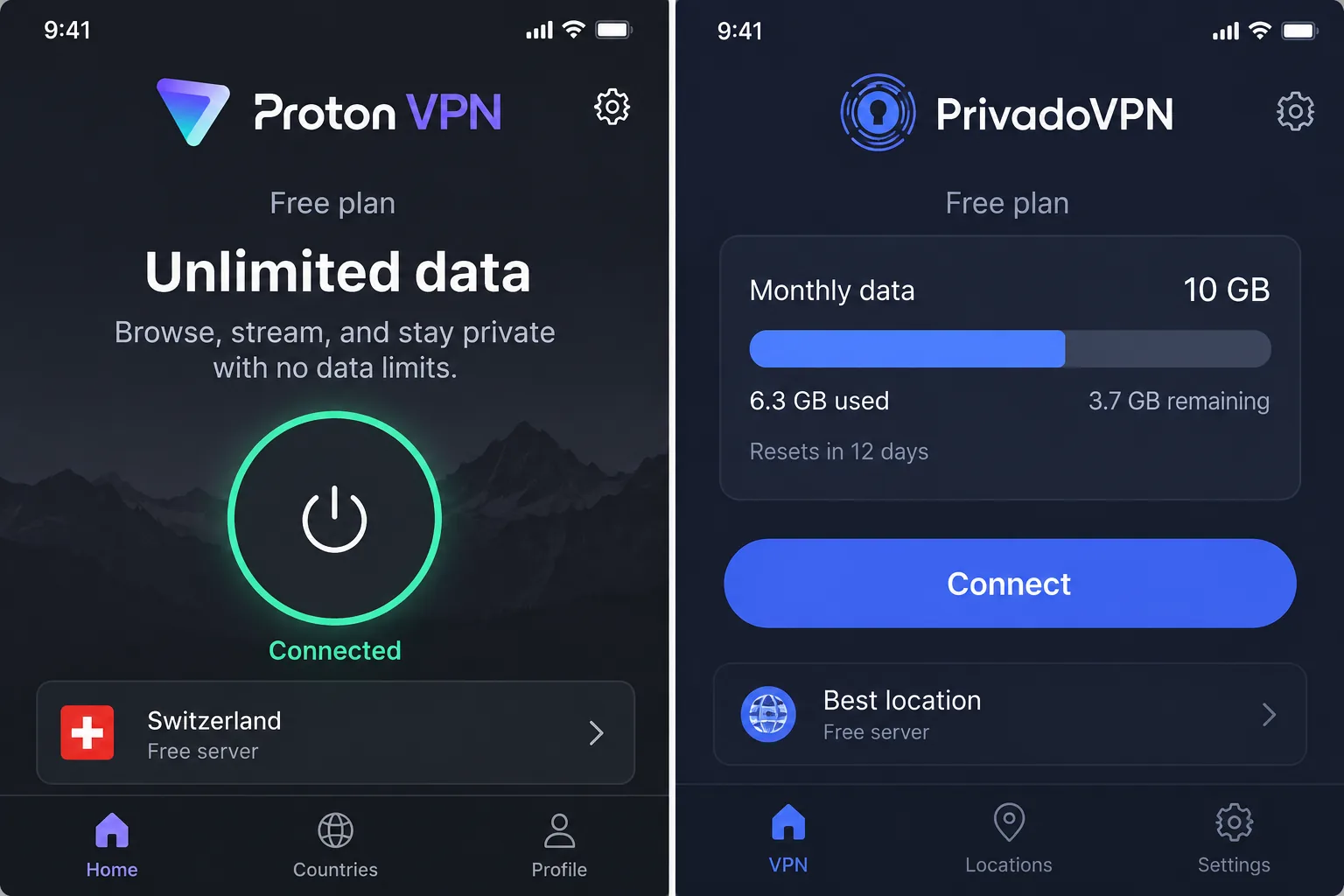 Side-by-side free-plan screens of Proton VPN showing unlimited data and PrivadoVPN showing a 10GB monthly data meter partly used.