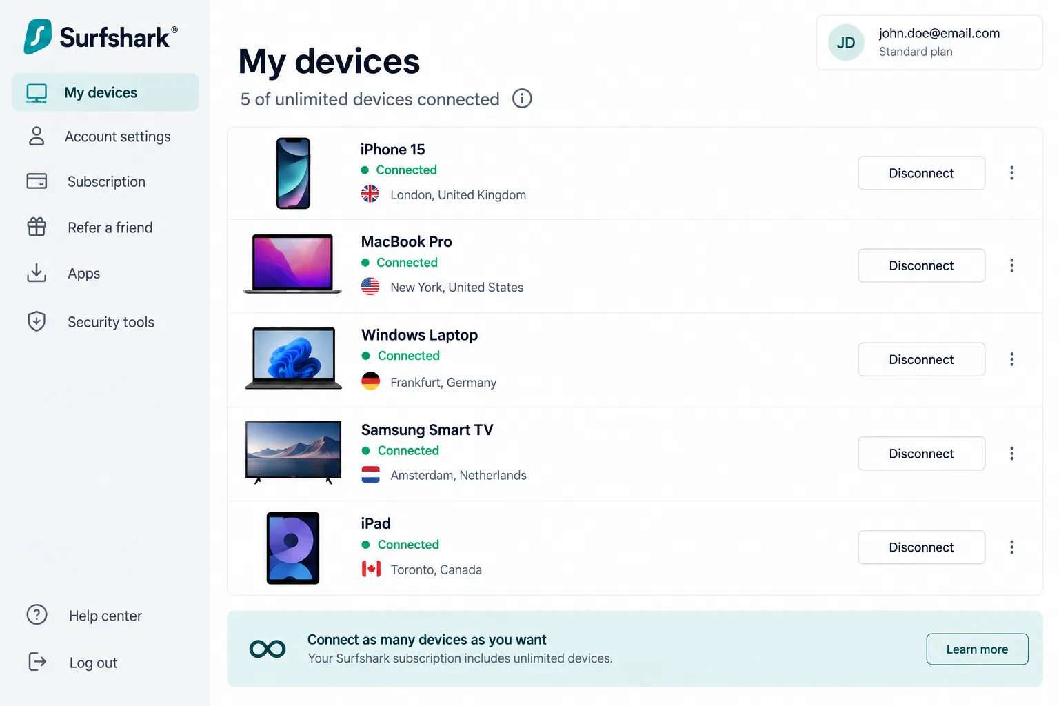 The Surfshark account dashboard listing a phone, two laptops, a smart TV and a tablet all connected at once on a single subscription.