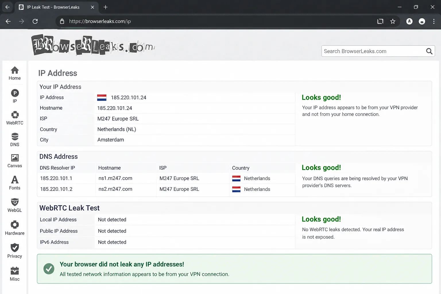 A browser leak-test page showing the VPN server's IP address and DNS resolvers in place of the home connection, with no WebRTC leak detected.