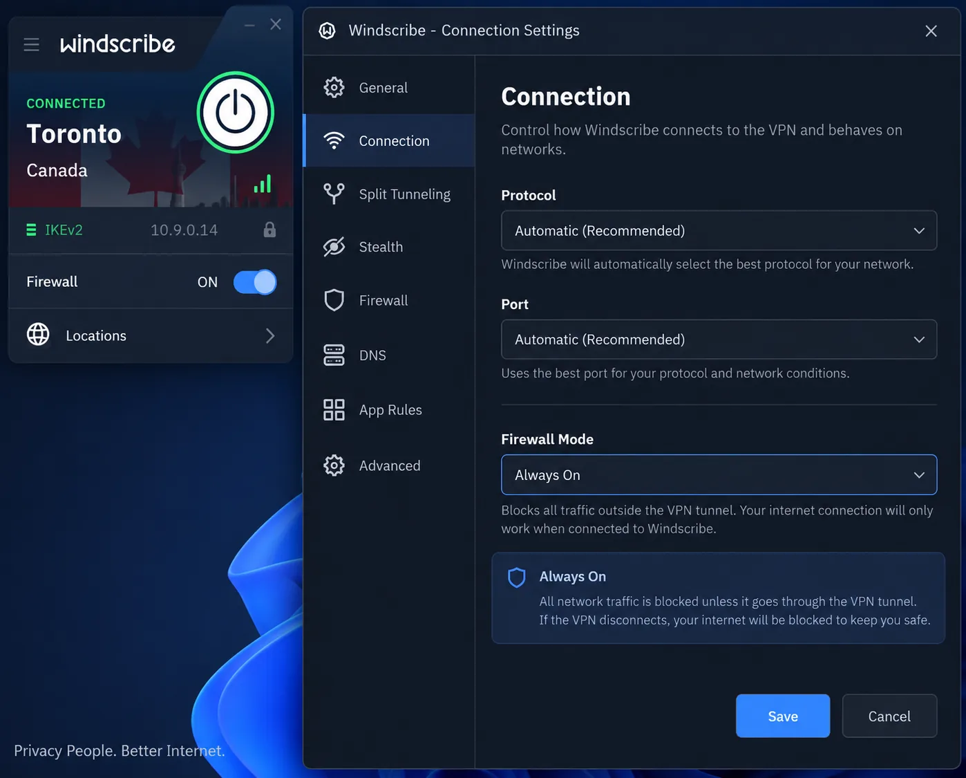The Windscribe desktop app's connection settings with the Firewall mode set to Always On, blocking traffic outside the VPN tunnel.