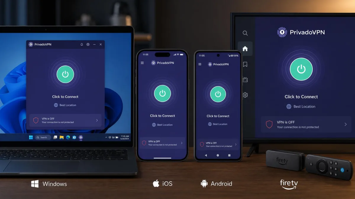 PrivadoVPN apps displayed side by side on a Windows laptop, an iPhone, an Android phone, and a Fire TV interface, showing the consistent single-button connect screen across devices.