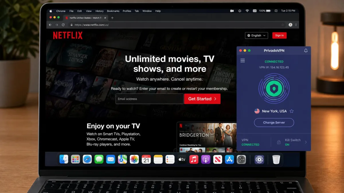 A laptop screen showing the US Netflix homepage loading successfully while connected to a PrivadoVPN US server, with the VPN app visible in a smaller window confirming the connection.