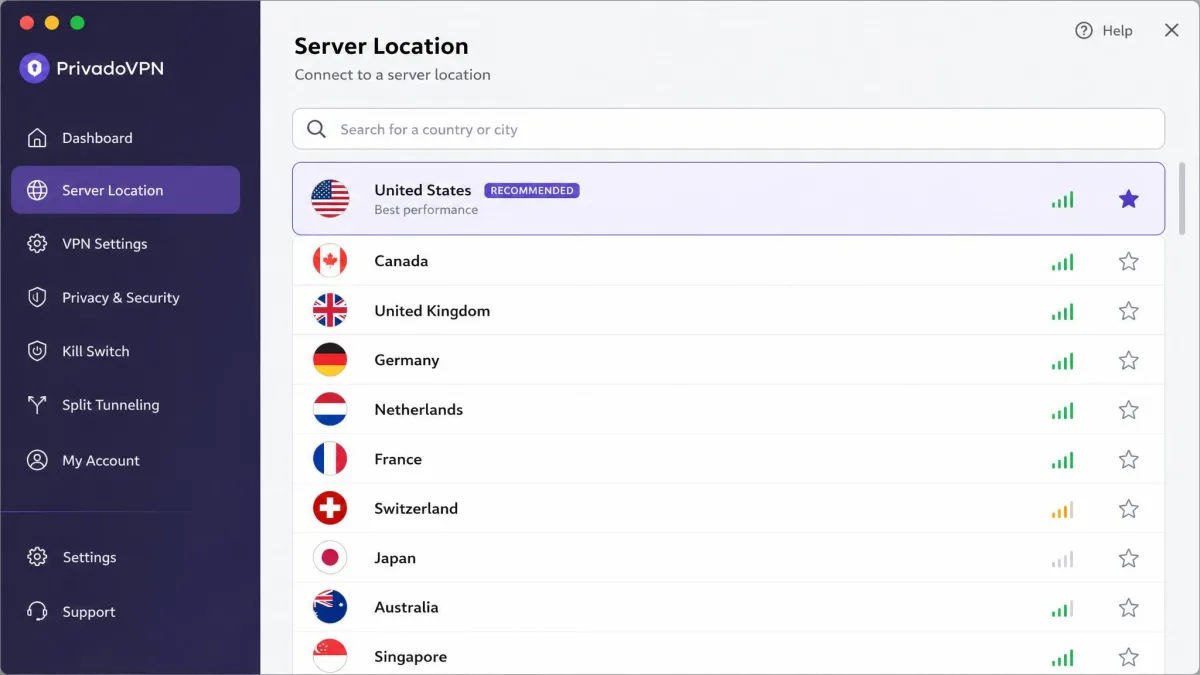 PrivadoVPN server location list open in the app, showing a scrollable list of countries with search box, favorite stars, and a highlighted recommended US server at the top.