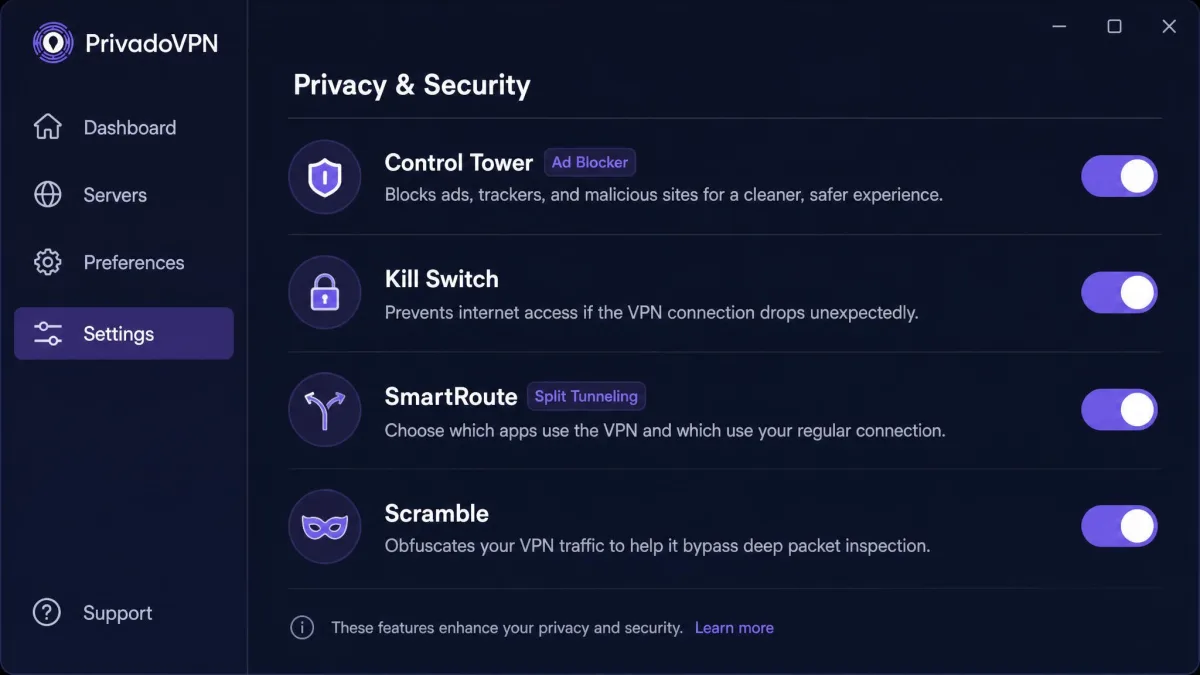 PrivadoVPN settings panel showing toggles for Control Tower ad blocker, kill switch, SmartRoute split tunneling, and Scramble obfuscation, each with a short description line.