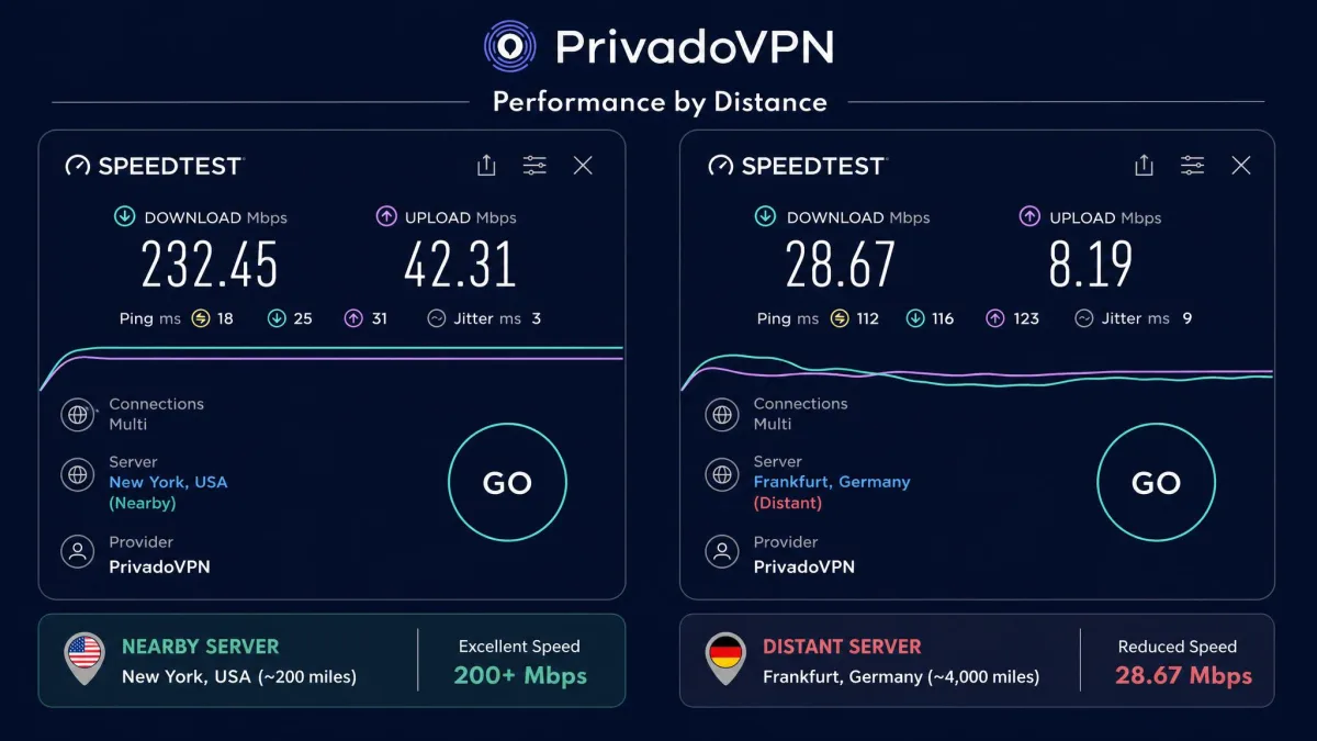 Two side-by-side Speedtest results, one on a nearby US server showing over 200 Mbps download and one on a distant server showing a large speed drop, illustrating PrivadoVPN's performance by distance.