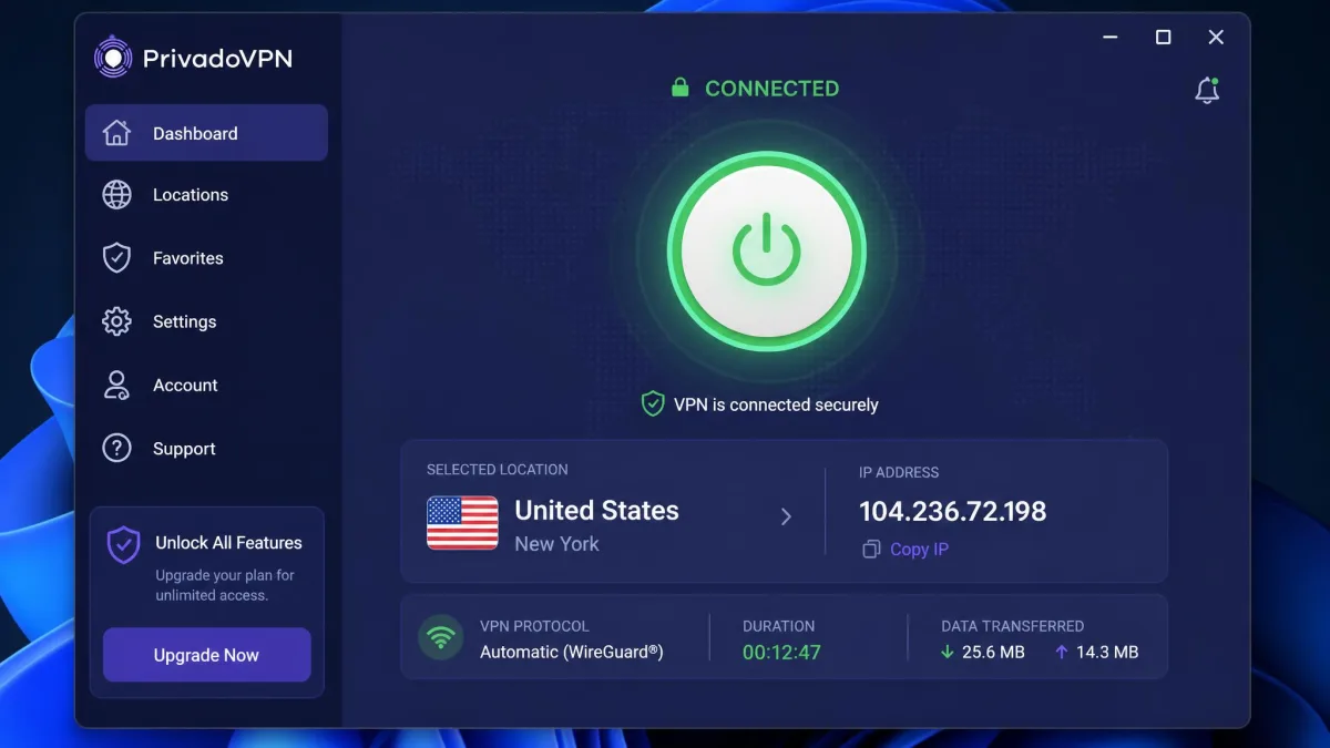 PrivadoVPN Windows app showing a connected session to a US server, with the large power button lit green, the selected city, and current IP address displayed in the main window.