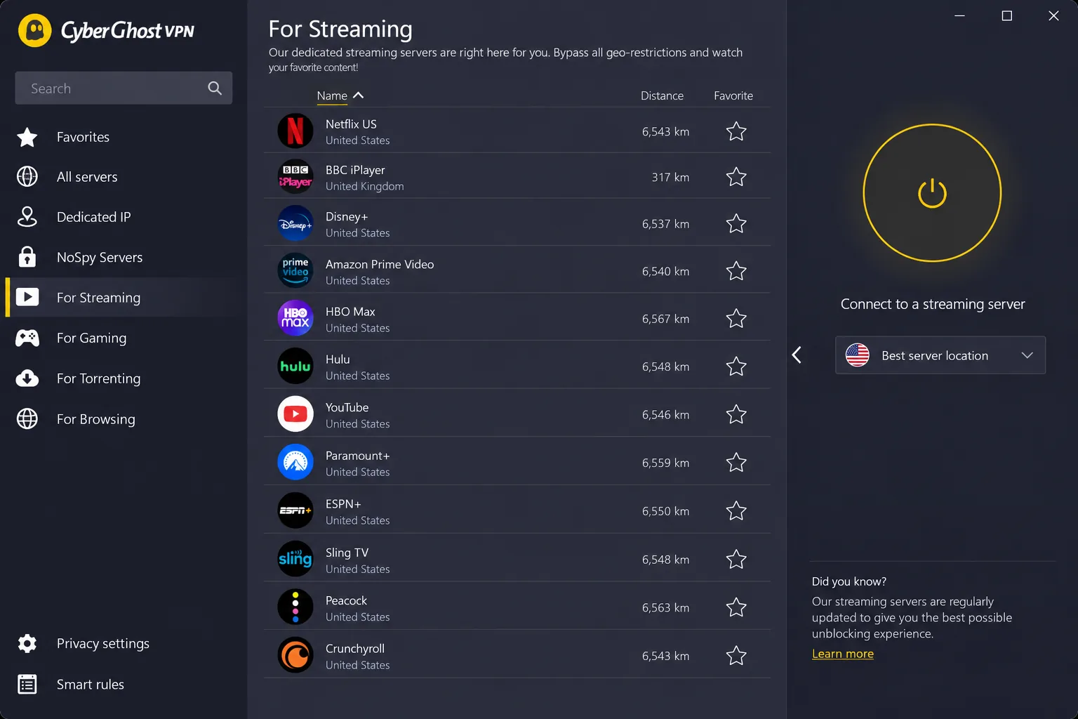 The CyberGhost Windows app's streaming server list, with servers labelled by platform such as Netflix US, BBC iPlayer and Disney+.